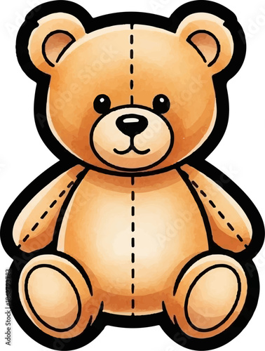 A charming, watercolor-style illustration of a cuddly brown teddy bear with stitched seams, sitting frontally