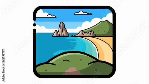A charming vector illustration of a coastal landscape with sandy beach, blue sea, rocky outcrops, and green hills under a sky with clouds