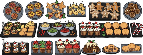 A collection of festive treats including tarts, cookies, dips, cupcakes, and pudding