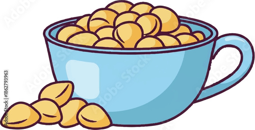 A cartoon illustration of a blue bowl filled with yellow, shelled nuts, with more scattered outside