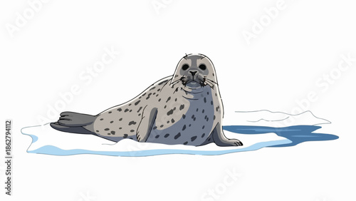 A cute seal with dark spots rests on an icy surface near cool blue water