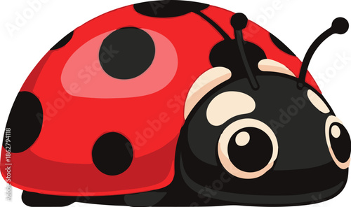 A cute, plump ladybug with large, round, black eyes and red wings with black spots