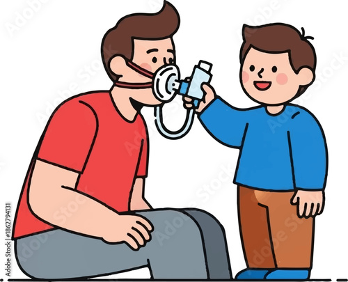 A cartoon man using a respiratory mask assisted by a smiling child holding an inhaler, healthcare theme