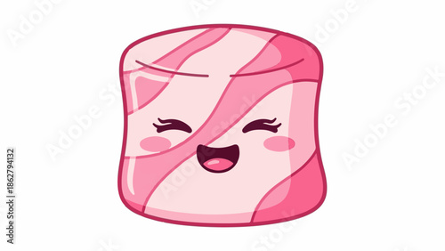 A cute, smiling marshmallow character with pink stripes, bright eyes, and rosy cheeks