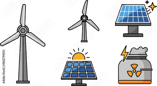 A collection of icons depicting renewable energy sources like wind turbines and solar panels, alongside nuclear power