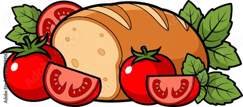 A loaf of bread, tomatoes, and fresh basil leaves arranged attractively