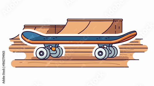 A flat illustration of a skateboard on a wooden ramp