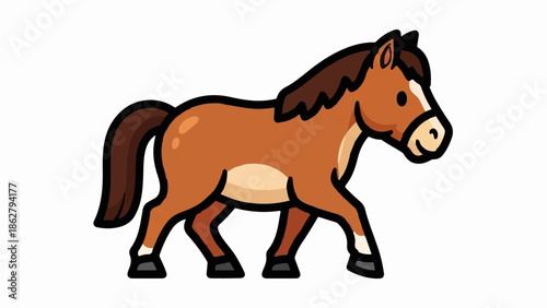 A cute, stylized brown horse illustration with a dark mane and tail, walking right on a white background