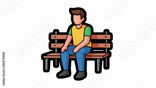 A cartoon man with brown hair, yellow shirt, green sleeves, and blue pants sits on a wooden park bench