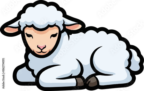 A cute, stylized cartoon lamb with white wool and a light pink face is lying down, eyes closed, resting
