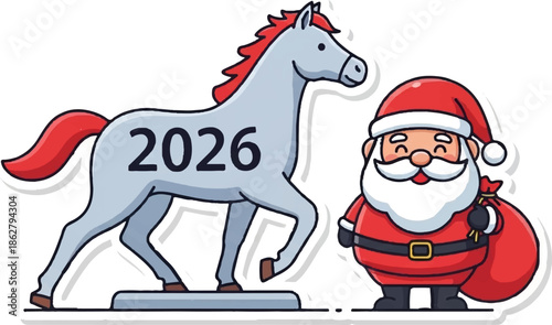 A cartoon horse with "2026" on its side stands next to a jolly Santa Claus