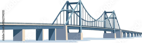 A long, blue suspension bridge spans across a pale, watery landscape