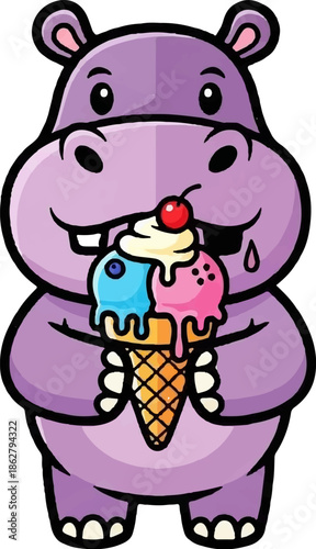 A cartoon hippo enjoys a colorful ice cream cone with a cherry on top