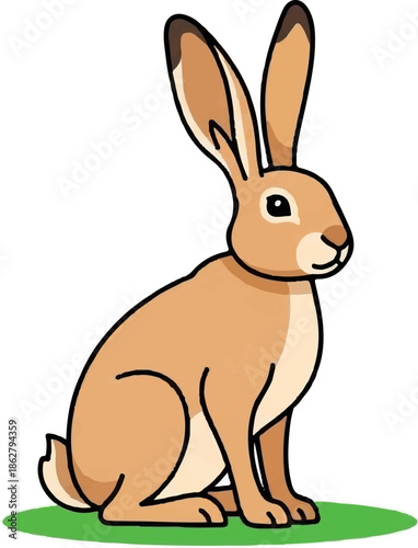 A cartoon hare with long ears and brown fur sits on a green grassy patch