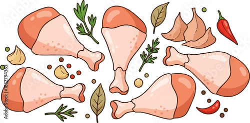A collection of raw chicken drumsticks with garlic, herbs, peppercorns, and chilies