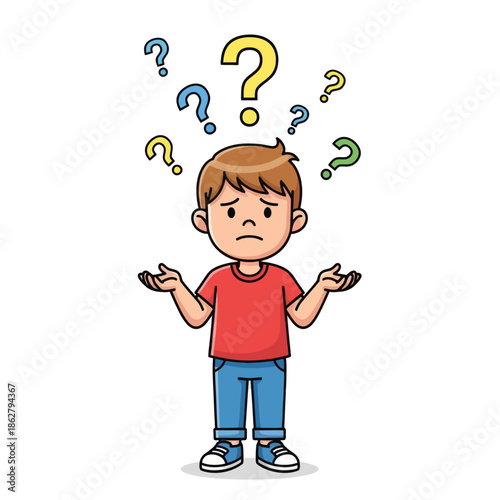 Confused boy shrugging with question marks above his head, cartoon illustration