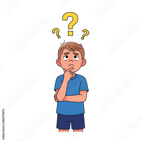 Young boy thinking hard with question marks above his head, confused child.