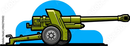 A cartoon-style illustration of a large artillery gun in olive green on a black base, set against a vibrant blue shape