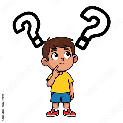 Curious boy thinking with question marks above his head, confused child pondering a problem