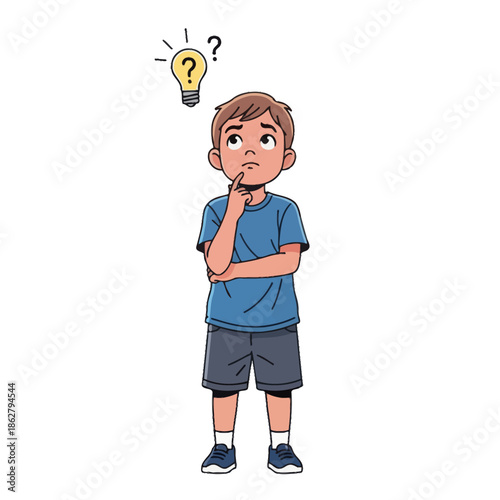 Boy Thinking Hard with Question Mark and Light Bulb Icon Above Head