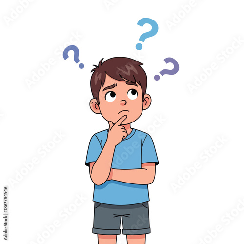 Confused Boy Thinking with Question Marks, Cartoon Illustration