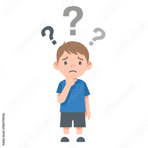 Confused Boy with Question Marks, Thinking, Doubt, Uncertainty, Problem Solving, Cartoon Illustration