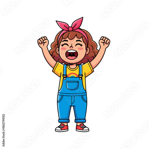 Happy girl celebrating, arms raised in excitement, cheerful cartoon illustration