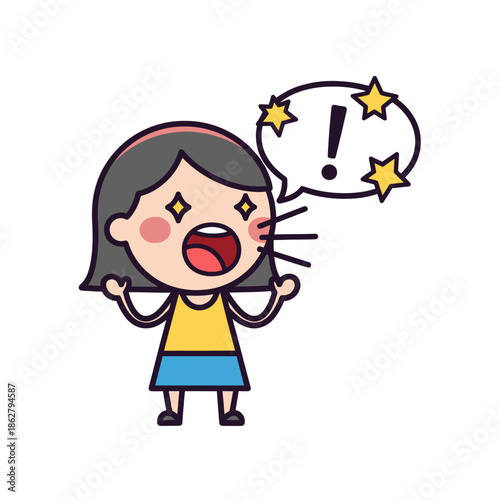 Excited cartoon girl shouting with speech bubble and stars