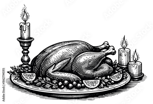 Hand drawn line art illustration of a roasted turkey on a platter with candles depicting a traditional holiday feast for Thanksgiving or Christmas