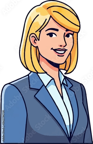 A friendly cartoon businesswoman with blonde hair and a blue suit smiles confidently, white background