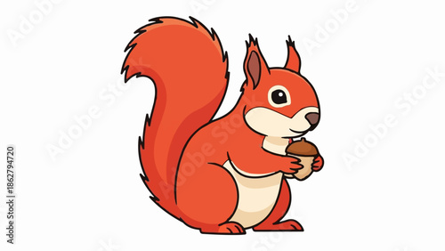 A cheerful cartoon squirrel with a bushy tail holds an acorn