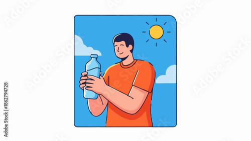 A man in an orange shirt holds a water bottle under a sunny sky with clouds