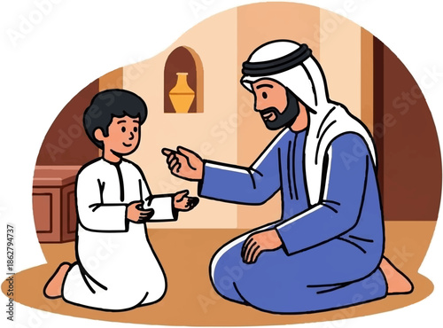 A man in traditional attire gives a small item to a kneeling boy inside a room