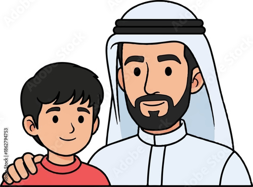 A man in traditional attire places his hand on a young boy's shoulder