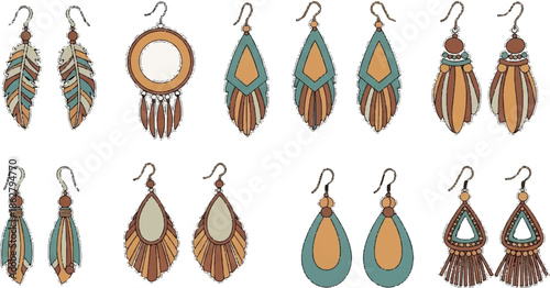 A collection of stylized bohemian-inspired earrings featuring earthy tones, geometric shapes, and feather motifs