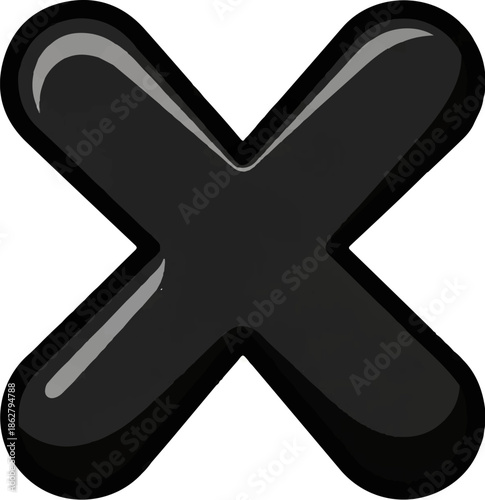 A dark, glossy, 3D-rendered X symbol with a thick black outline