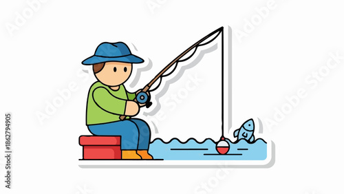 A cartoon person in a hat sits on a stool, fishing with a rod while a fish jumps from the water