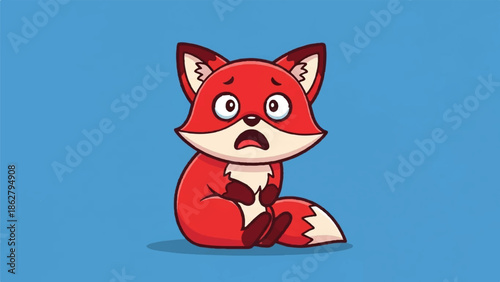 A cartoon fox sits with a surprised and fearful expression, its mouth open wide