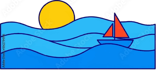 A minimalist drawing of a sailboat on a blue ocean under a yellow sun