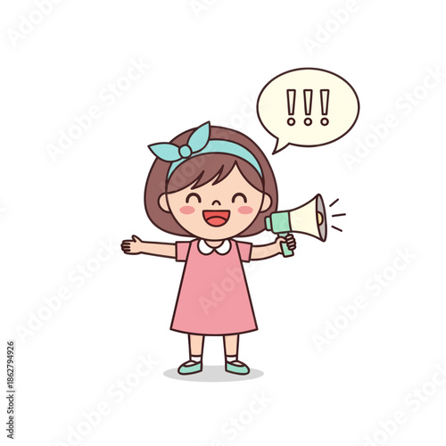 Joyful girl with megaphone shouting, speech bubble with exclamation marks, announcement, isolated on white