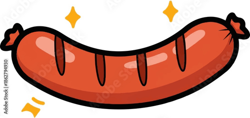 A cartoon-style, plump, reddish-brown sausage with darker red grill marks and shiny highlights, adorned with small, golden starbursts