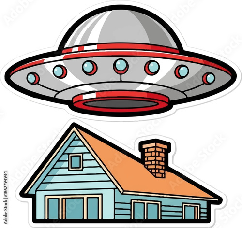 A cartoon flying saucer hovers above a house with an orange roof and blue siding, depicted as stickers