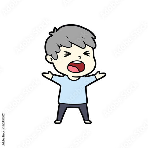 Cartoon Boy Yelling With Arms Wide Open, Expressing Anger or Frustration