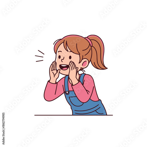 Young Girl Shouting News, Announcing or Calling Out Loudly, Cartoon Illustration