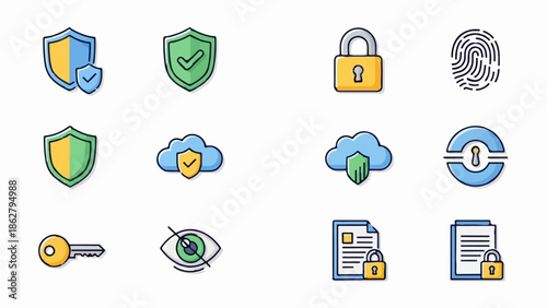A collection of twelve icons representing security and privacy concepts