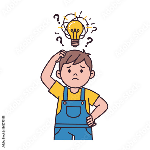 Confused boy with lightbulb and question marks, brainstorming idea, problem solving, doubt