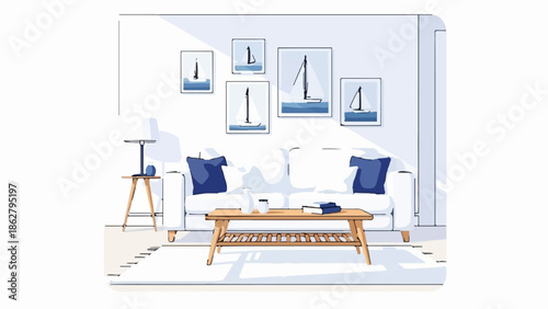 A minimalist living room with a white couch, coffee table, and sailboat art