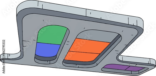 A futuristic, abstract structure with contoured sections colored green, blue, orange, and purple