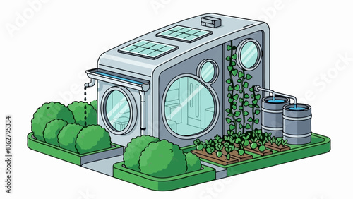 A futuristic modular building with solar panels and integrated garden