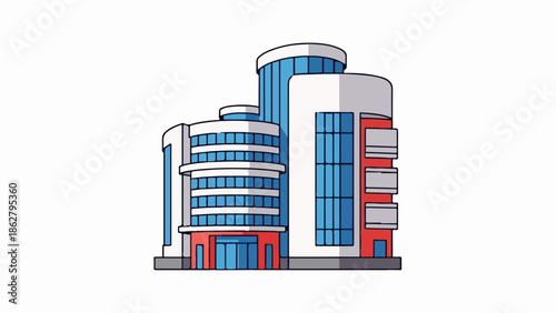 A modern, multi-story building with a curved design and blue-tinted windows